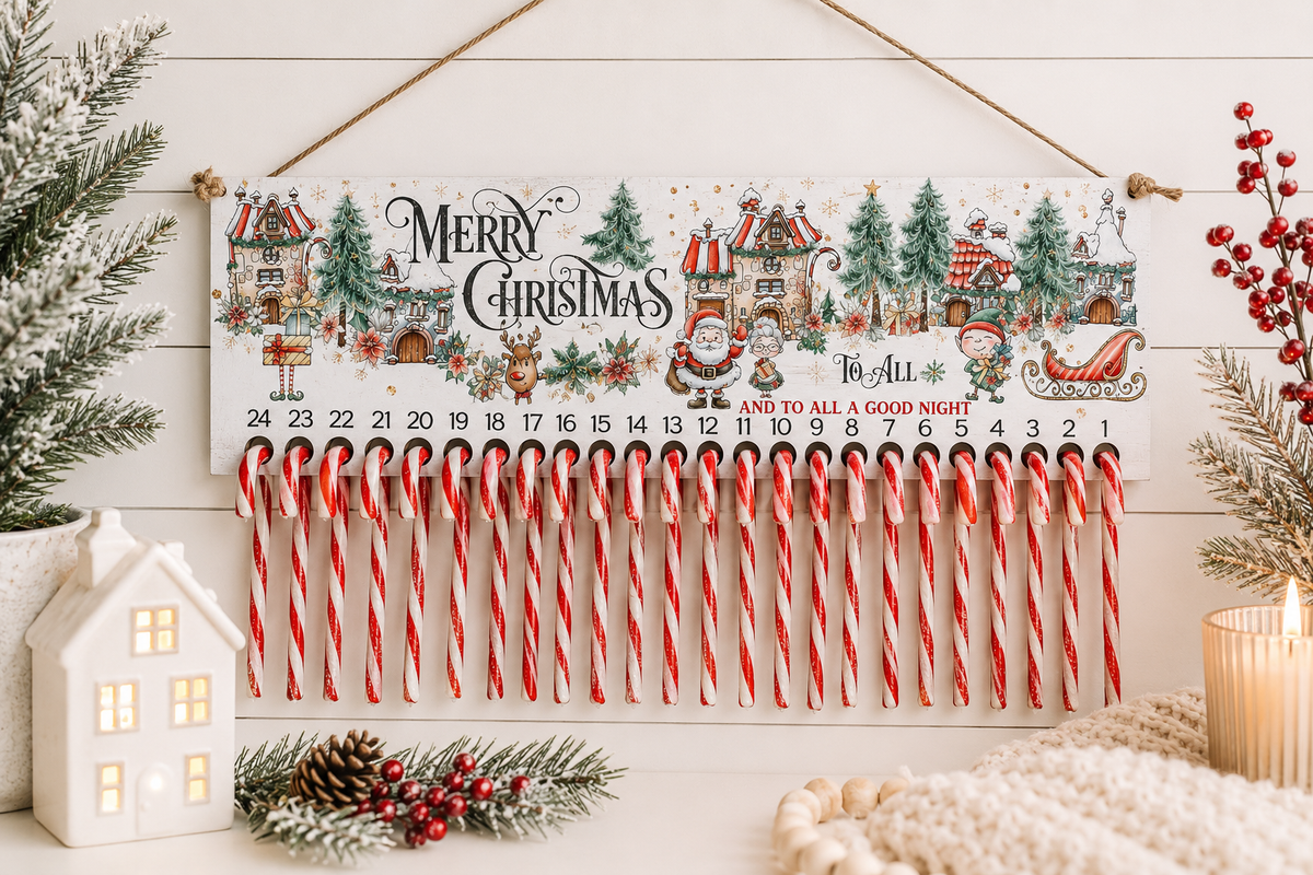 Wooden candy cane advent calendar Christmas countdown with 24 candy canes