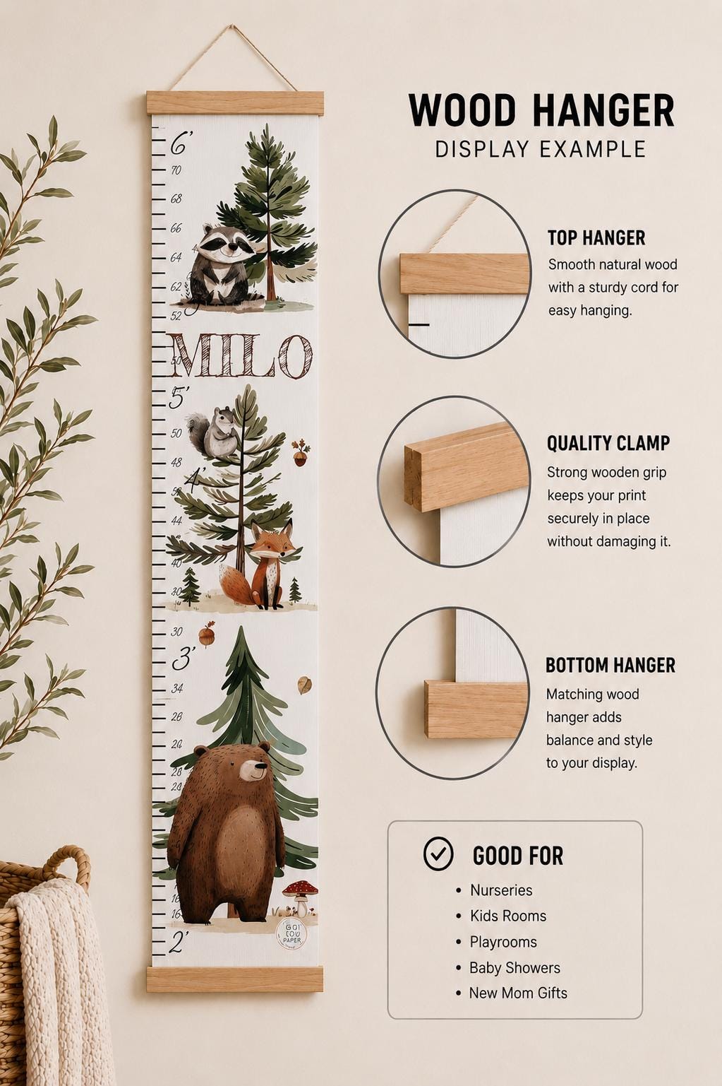Personalized woodland growth chart with natural wood hanger