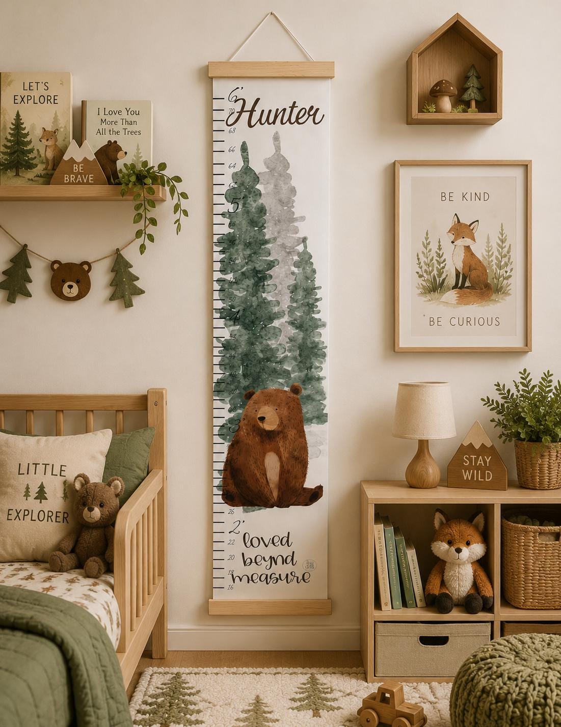 PPersonalized woodland growth chart hanging in kids nursery