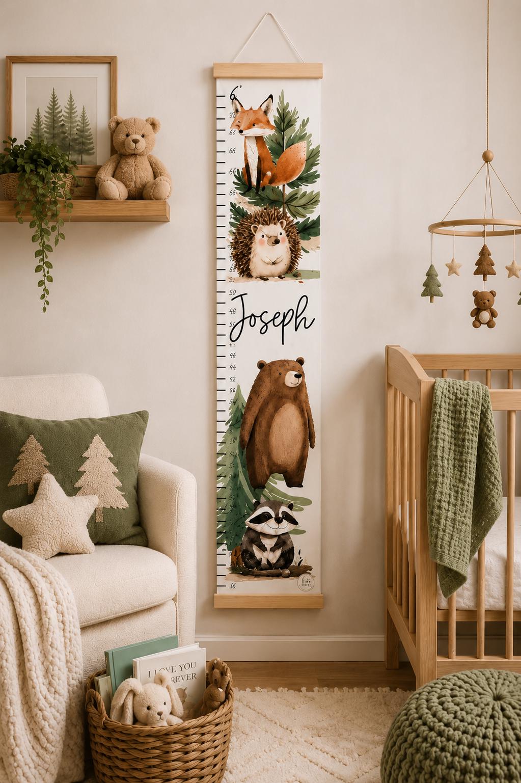 woodland growth chart with fox bear raccoon and hedgehog