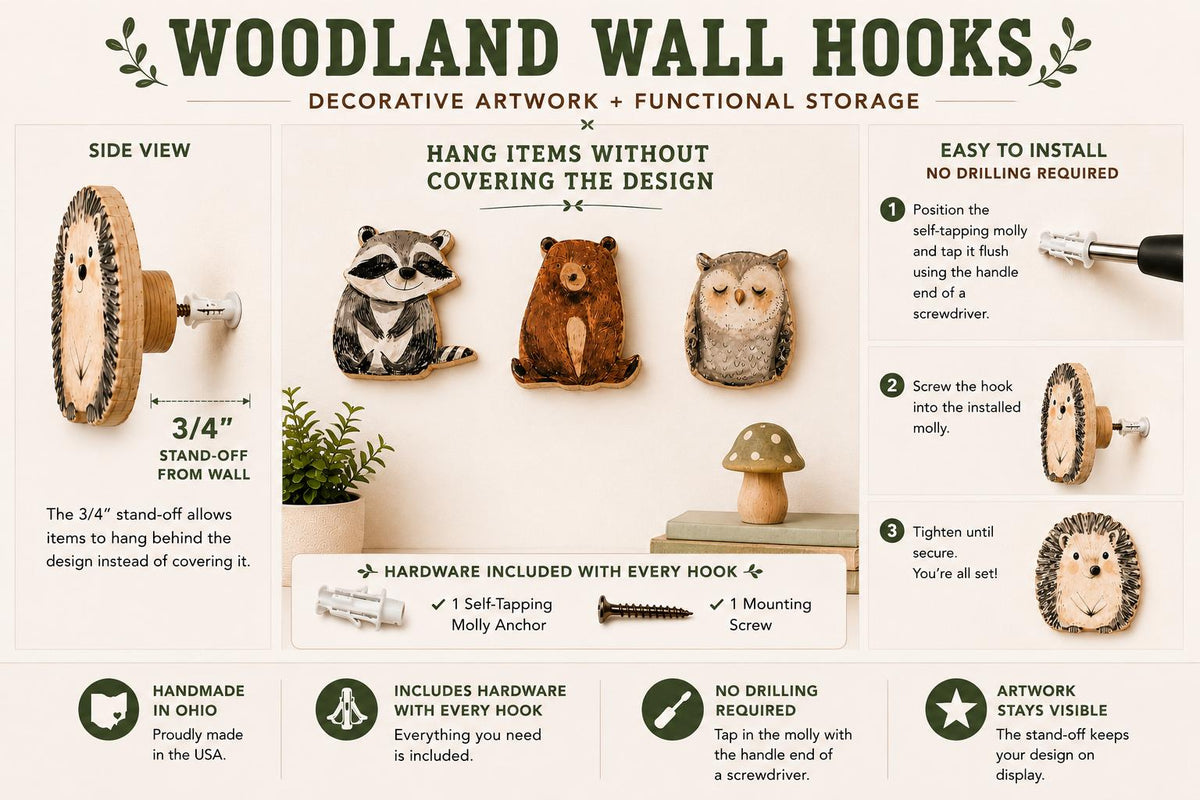 Woodland Animal Wall Hook | Nursery Wall Hook | Woodland Nursery Decor | Bear Raccoon Fox Owl | Hedgehogh Squirrel | Kids Room Decor