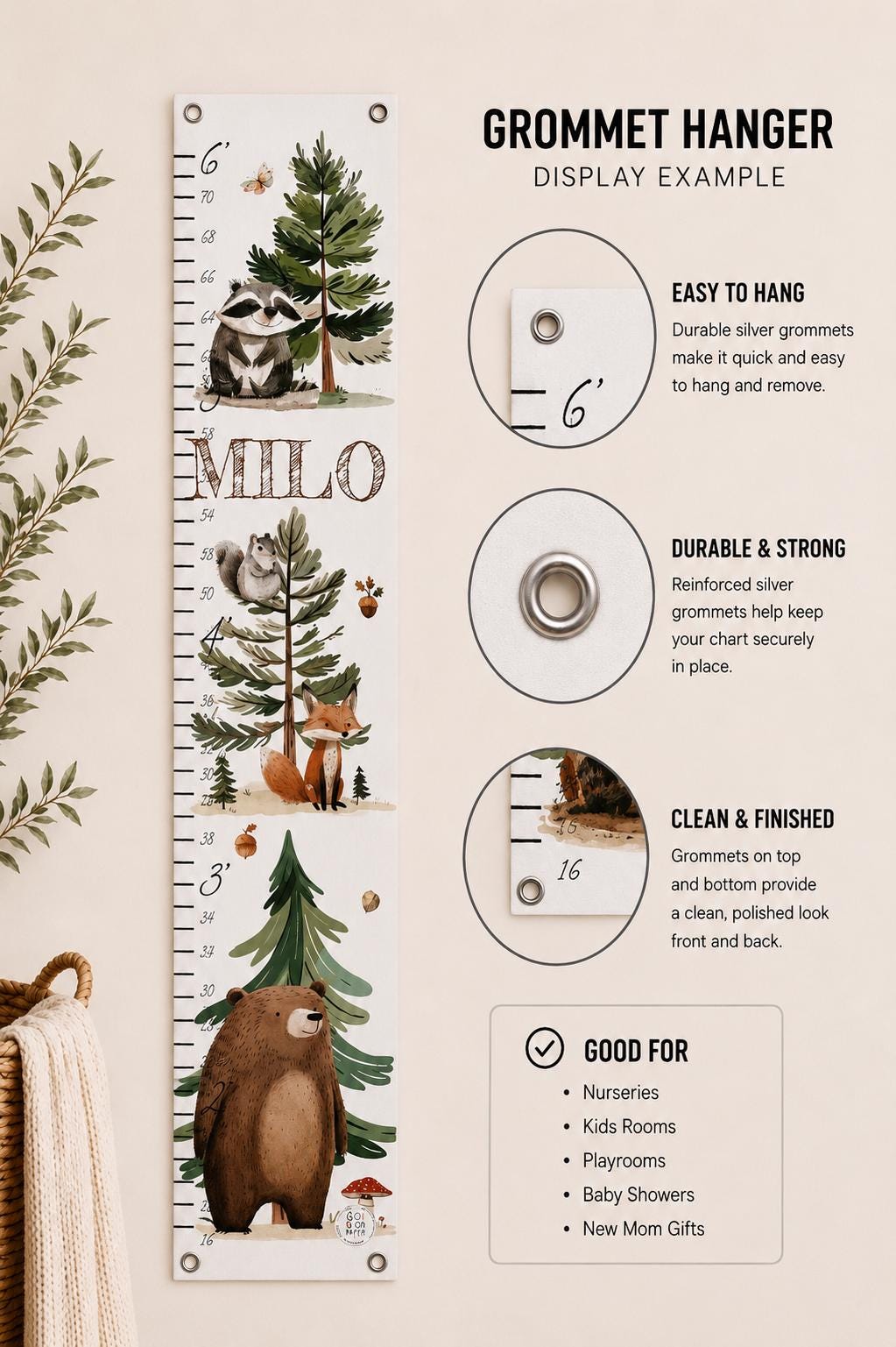 Woodland animal growth chart with grommet hanging option
