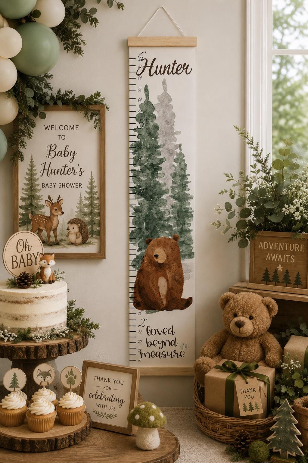 Custom name woodland growth chart with watercolor forest animals