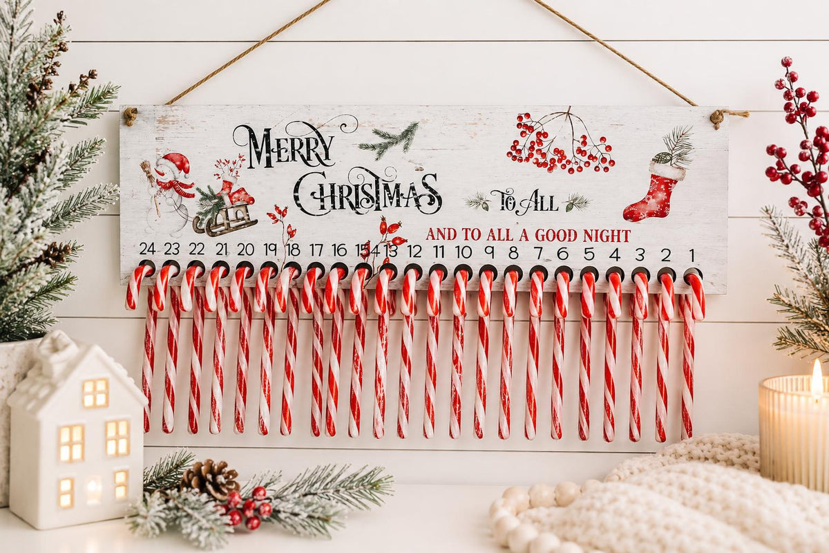 Wooden candy cane advent calendar with 24 candy canes for Christmas countdown