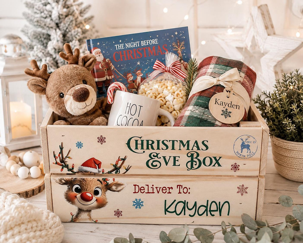 Personalized wooden Christmas Eve box for kids filled with Christmas gifts