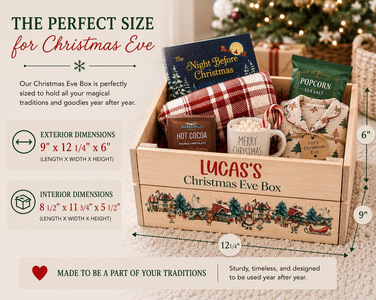 Personalized wooden Christmas Eve box measuring approximately 12.25 by 9 by 6 inches