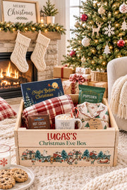 Personalized Christmas Eve box filled with pajamas hot cocoa books and Christmas treats