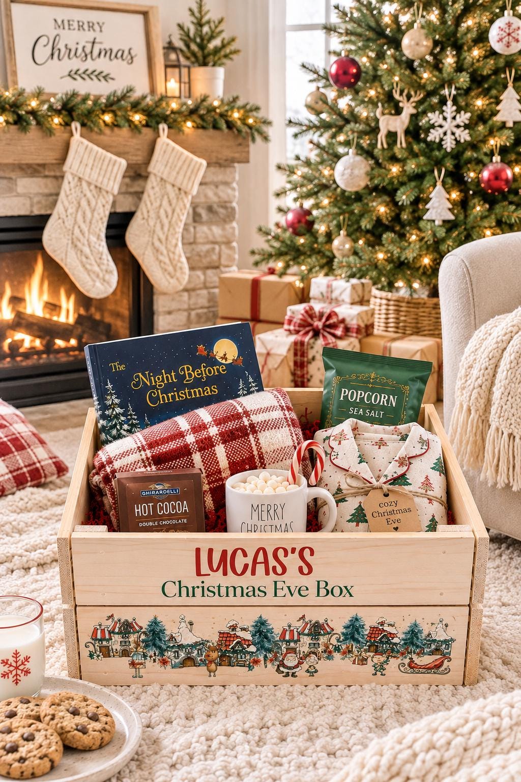 Personalized Christmas Eve box filled with pajamas hot cocoa books and Christmas treats