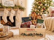 Wooden Christmas Eve crate personalized with child's name and filled with holiday treats