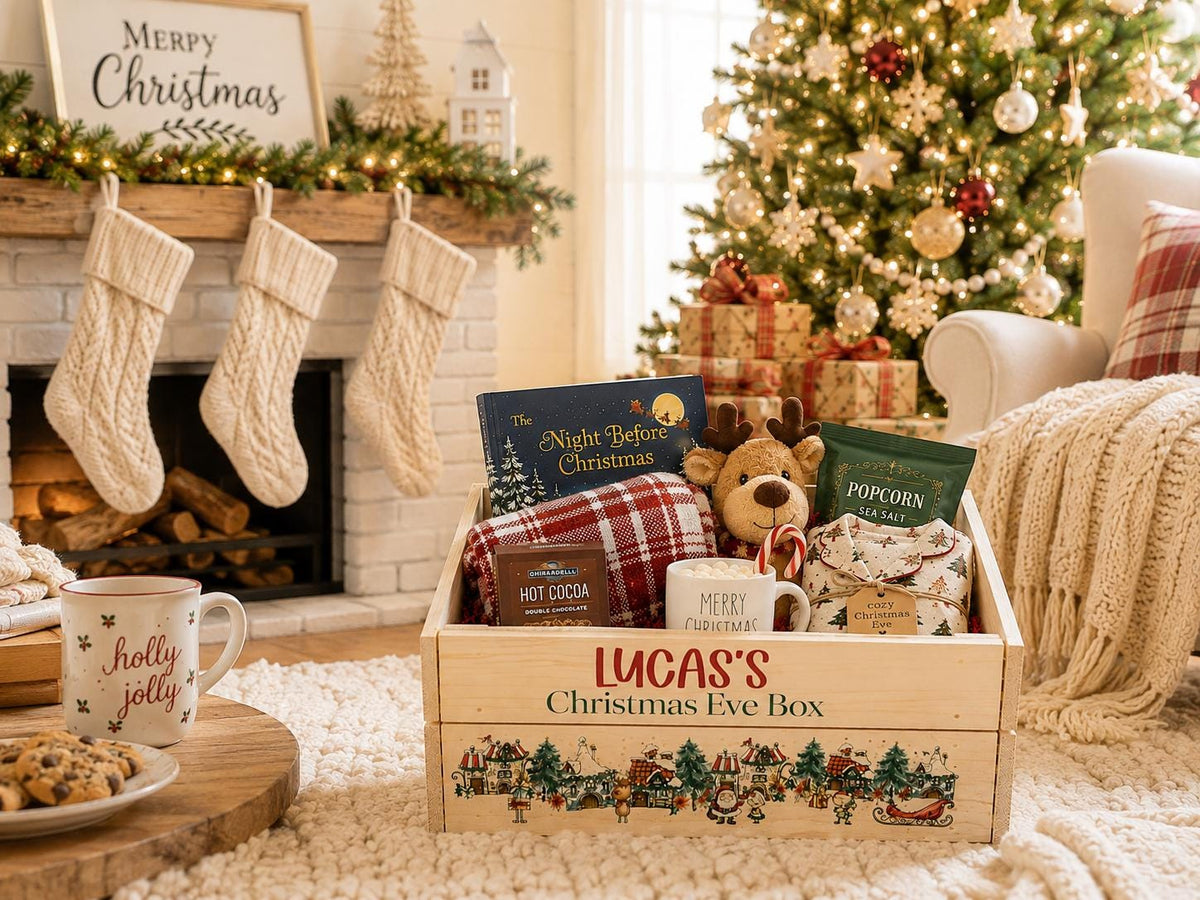 Wooden Christmas Eve crate personalized with child's name and filled with holiday treats