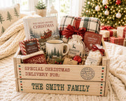 Wooden family Christmas Eve crate filled with holiday gifts and treats
