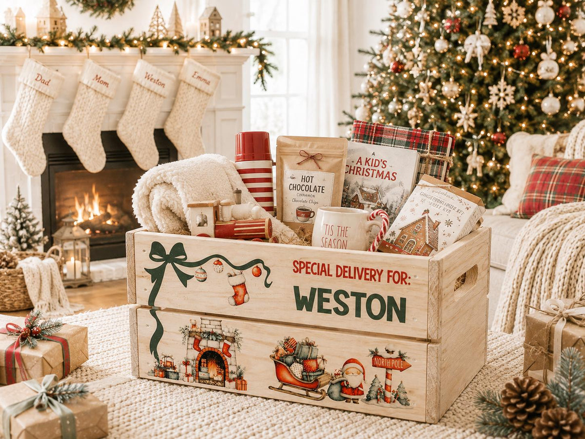 Personalized Santa Christmas Eve box filled with holiday gifts and treats