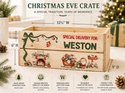 Personalized wooden Christmas Eve box dimensions and Santa design
