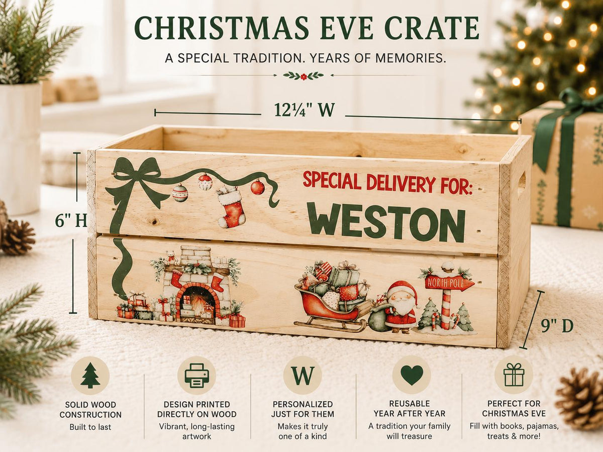 Personalized wooden Christmas Eve box dimensions and Santa design