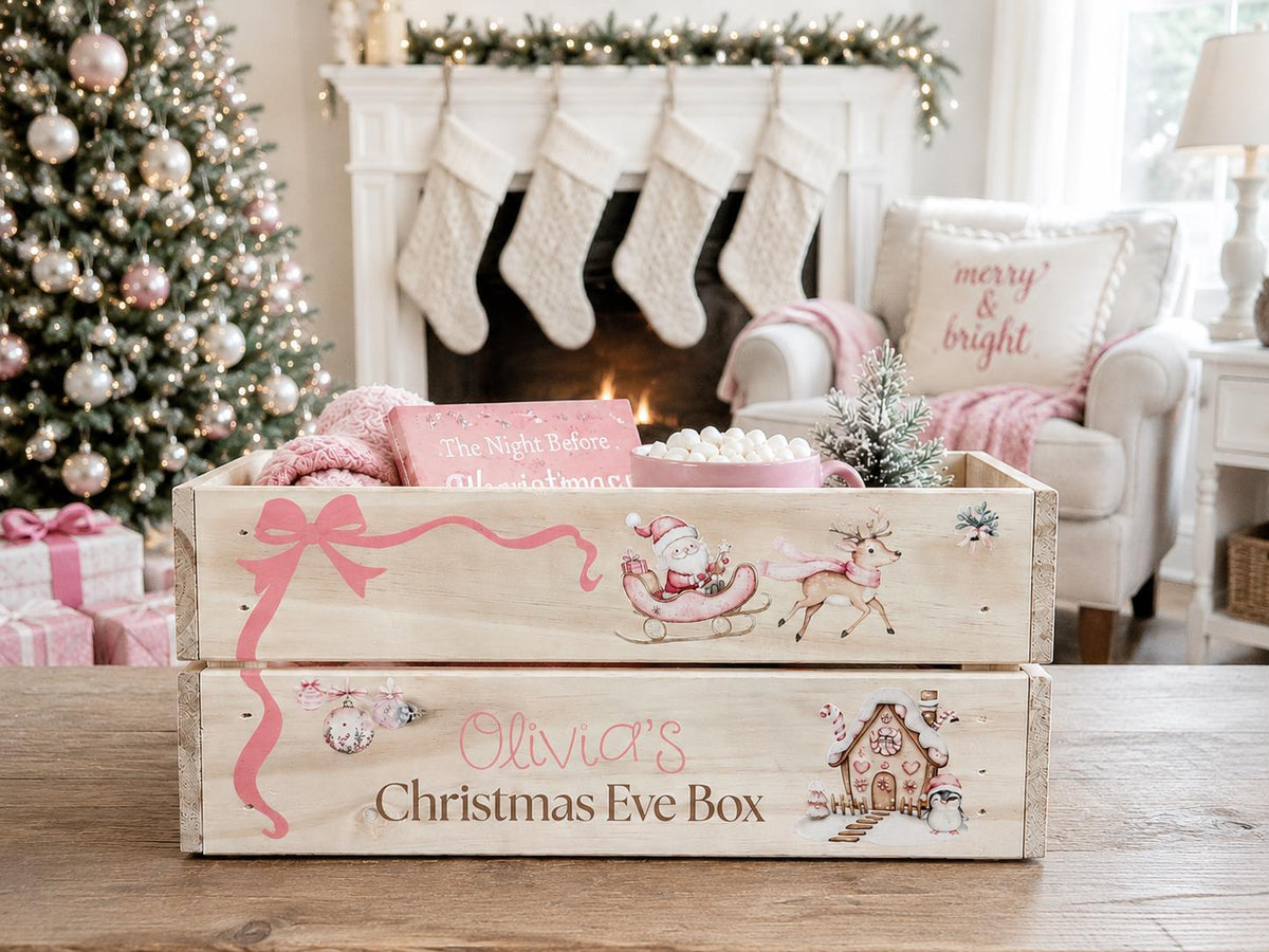 Pink wooden Christmas Eve crate personalized with girl's name