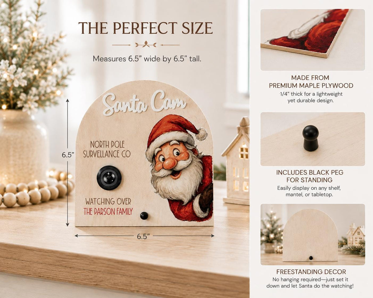 Santa Cam Christmas decoration displayed on fireplace mantel
