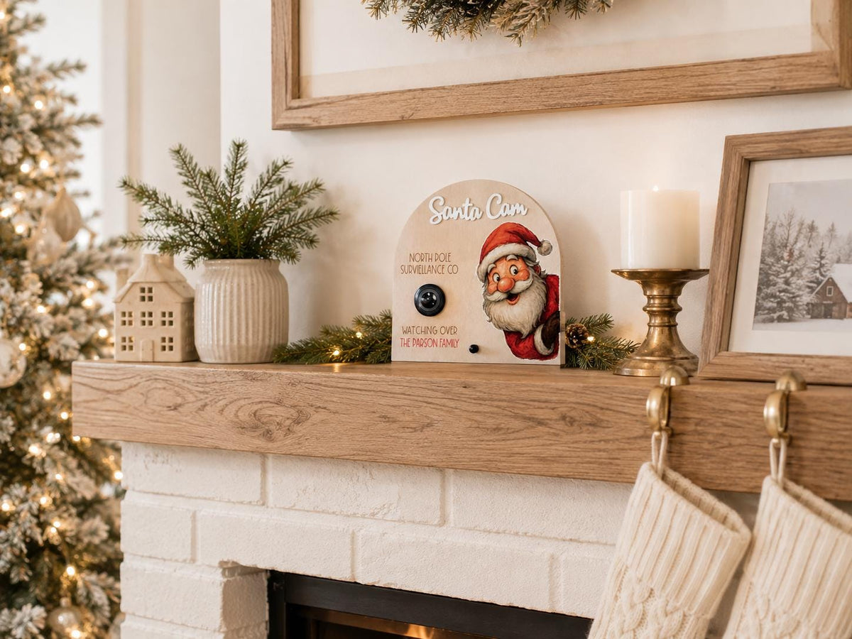 Wooden Santa Cam with raised 3D lettering and faux camera lens