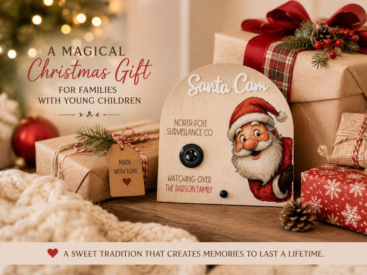 Personalized Santa Cam displayed with Christmas gifts