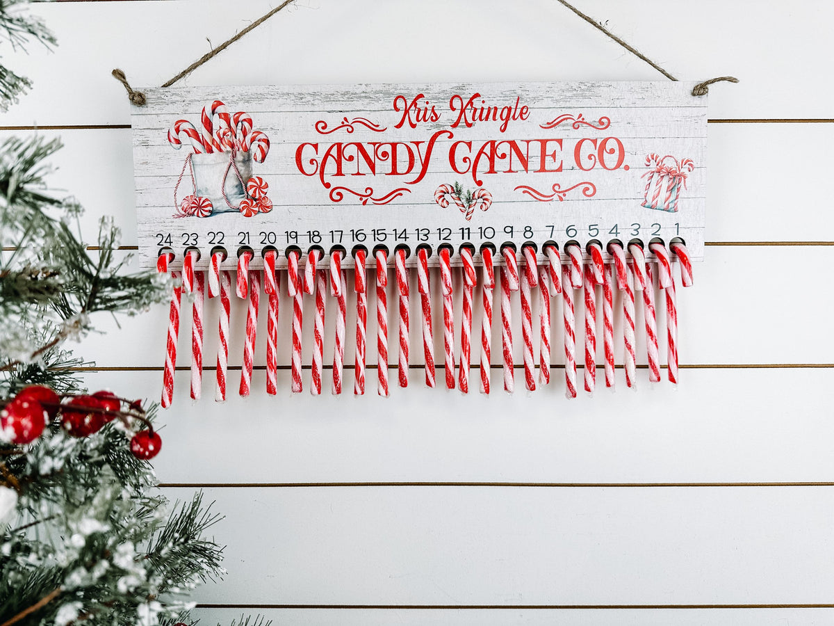 Reusable candy cane Christmas countdown calendar with jute hanger