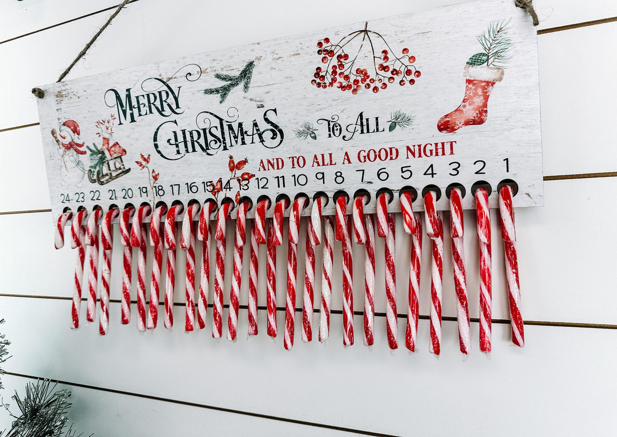 Reusable wooden Christmas countdown holder with 24 candy canes