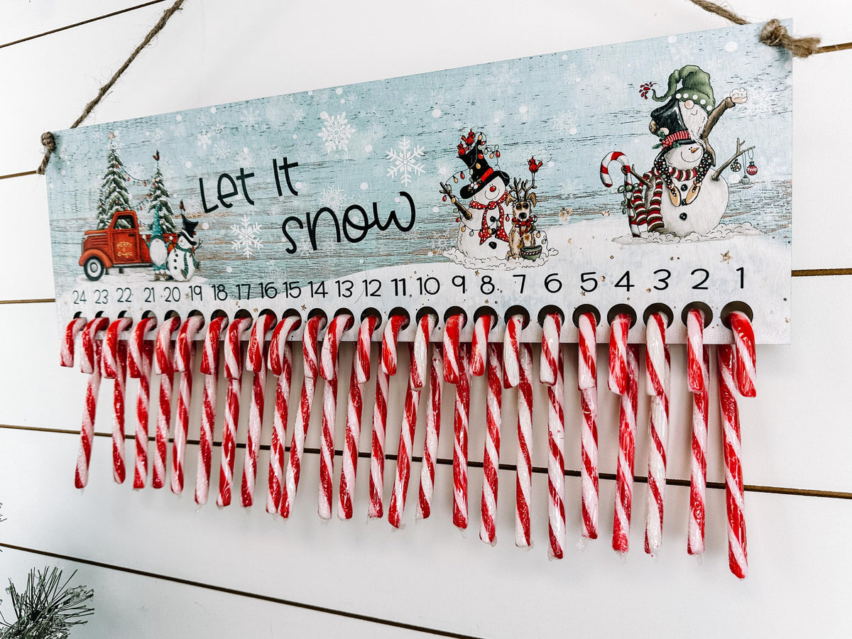 Let It Snow wooden candy cane holder Christmas advent calendar for kids