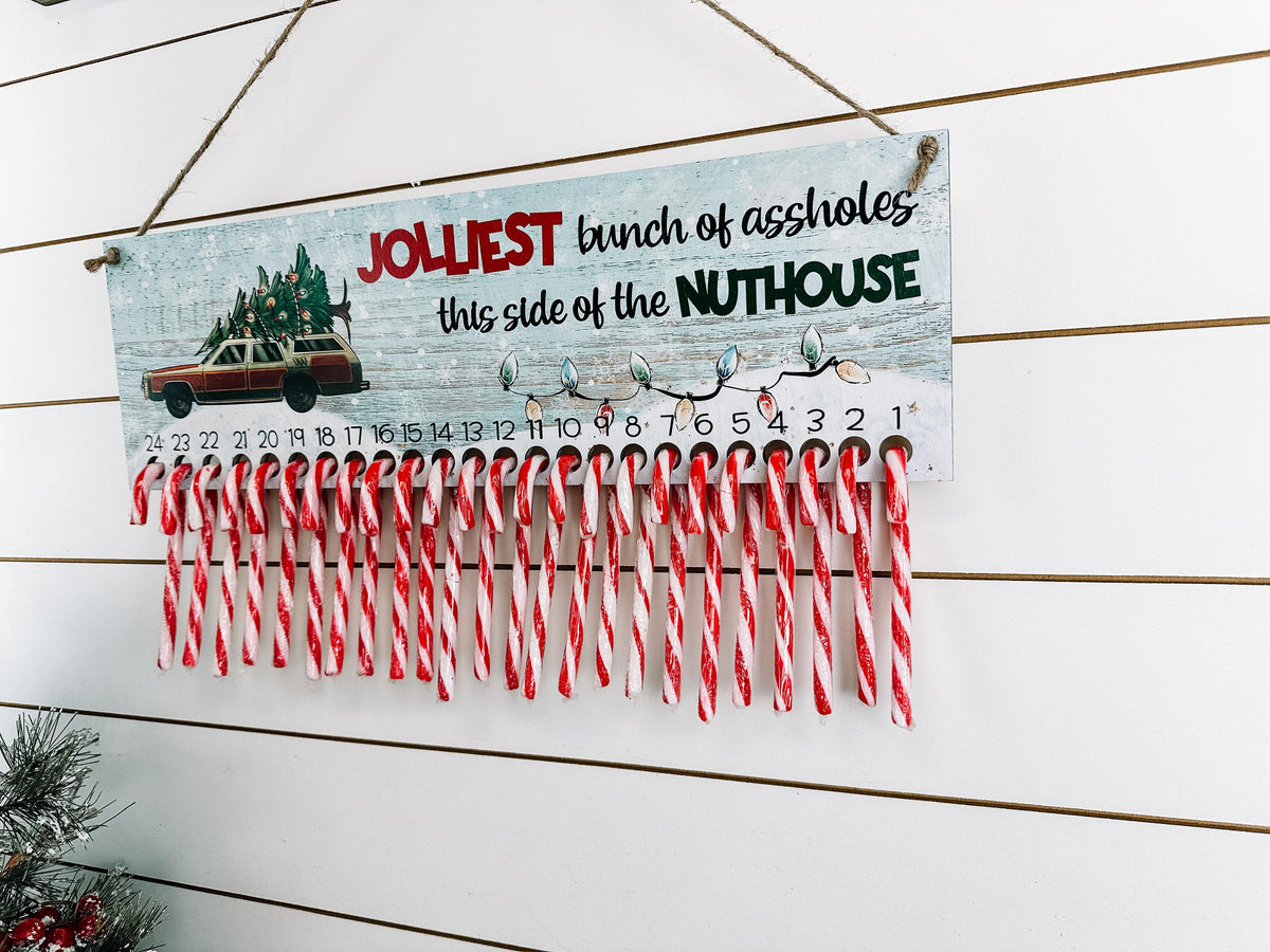 Reusable funny Christmas advent calendar with 24 candy canes
