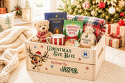 Wooden Christmas Eve box for kids filled for a family Christmas tradition