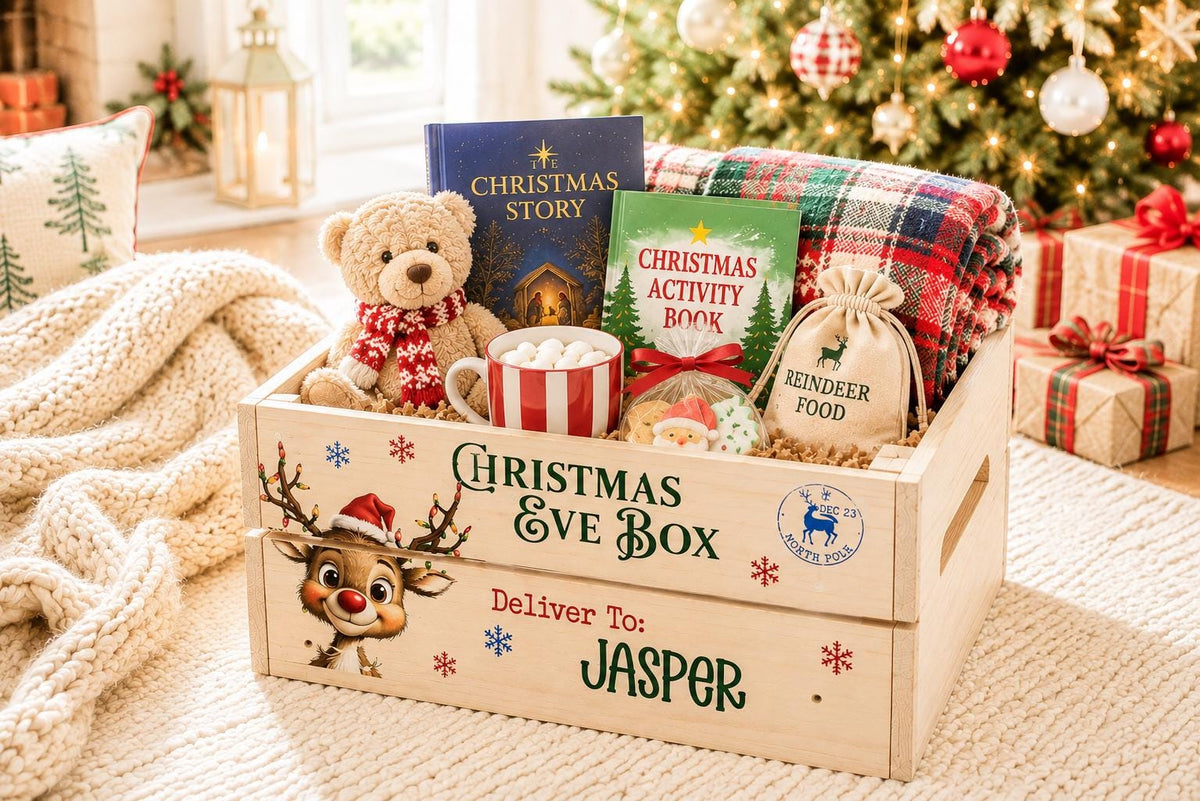Wooden Christmas Eve box for kids filled for a family Christmas tradition