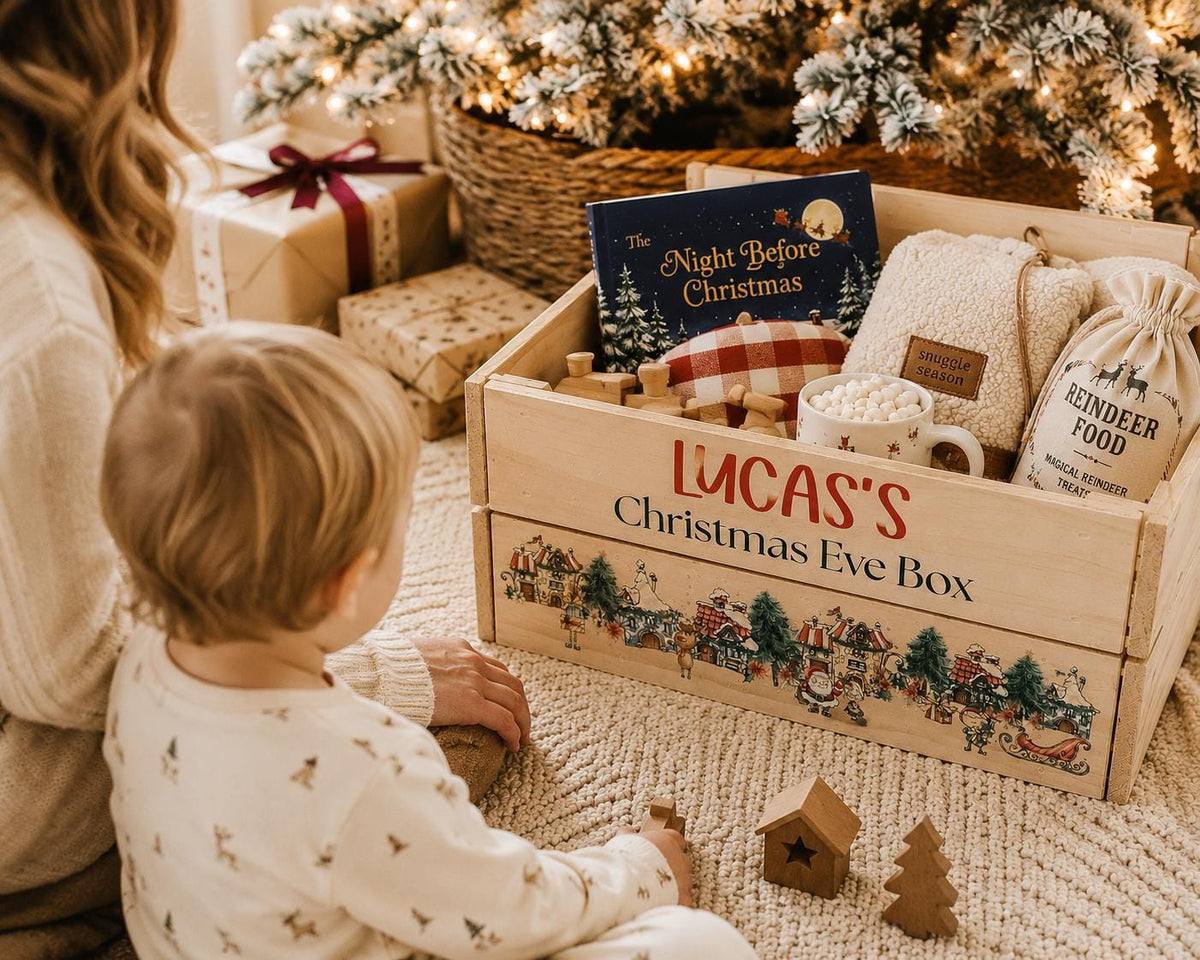 Christmas village design printed on personalized wooden Christmas Eve box