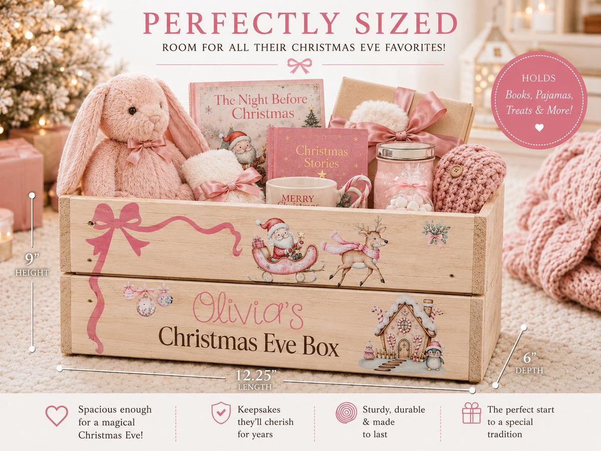 Personalized Christmas Eve box for girls measuring approximately 12.25 by 9 by 6 inches