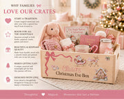 Personalized wooden Christmas box for girls filled with holiday gifts and treats