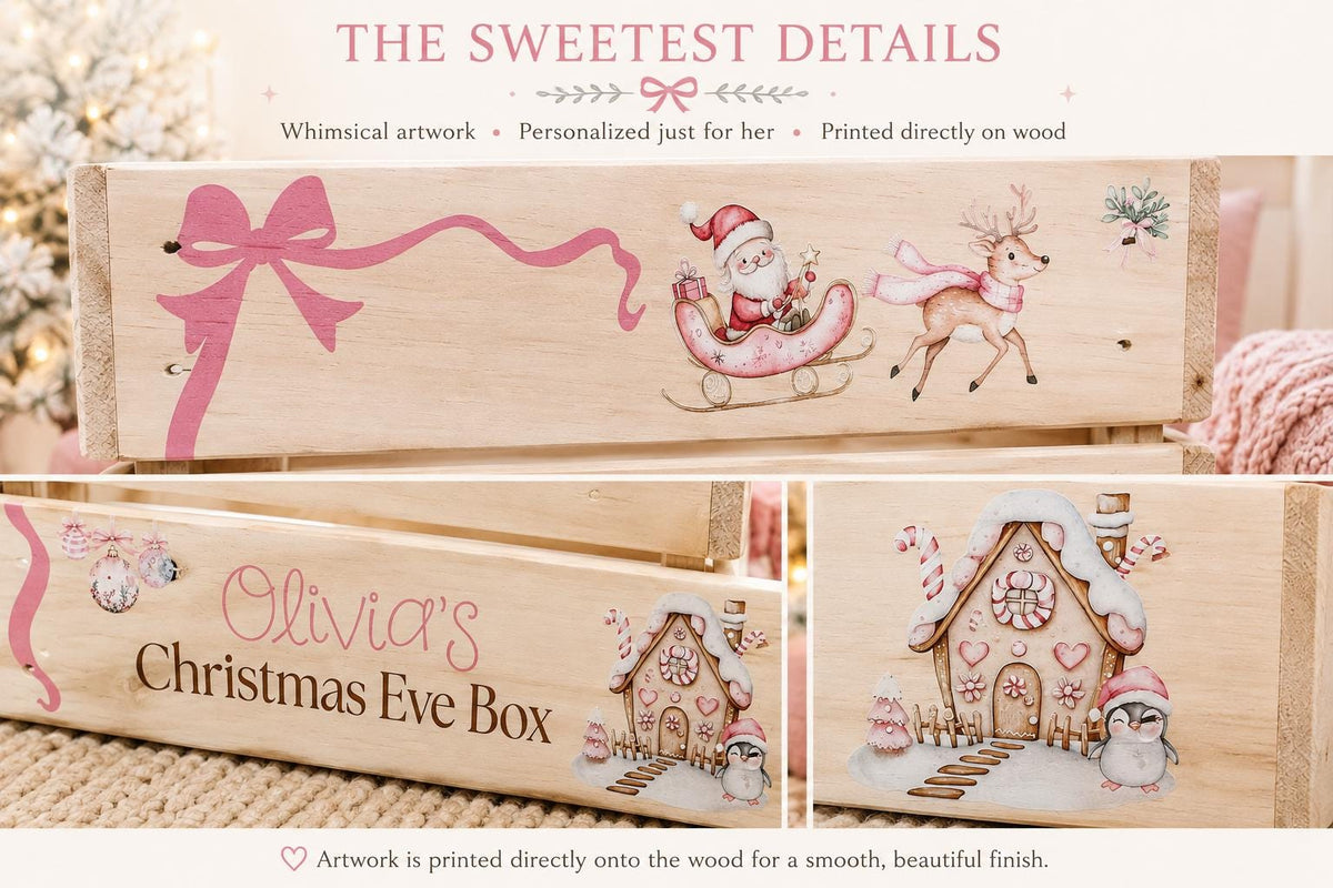 Pink Christmas Eve box with whimsical Santa reindeer and gingerbread artwork
